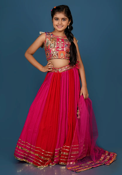 Exquisite Thread Embroidered Top with Dual-Toned Lehenga Dupatta Set.