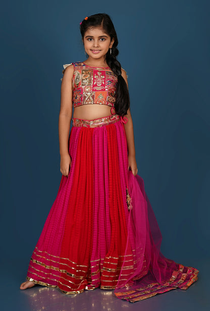 Exquisite Thread Embroidered Top with Dual-Toned Lehenga Dupatta Set.