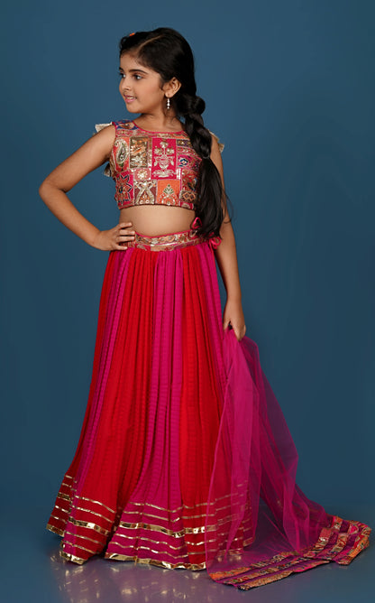 Exquisite Thread Embroidered Top with Dual-Toned Lehenga Dupatta Set.