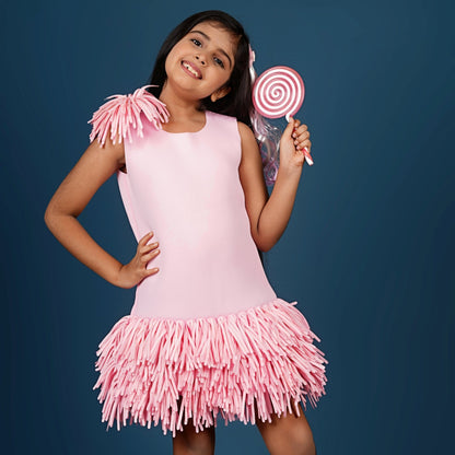 Pink Scuba Dress With Fringes Flower Brooch