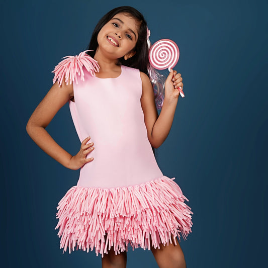 Pink Scuba Dress With Fringes Flower Brooch