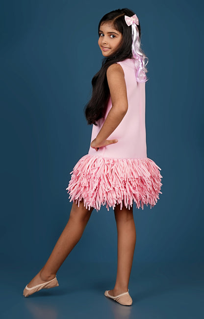 Pink Scuba Dress With Fringes Flower Brooch