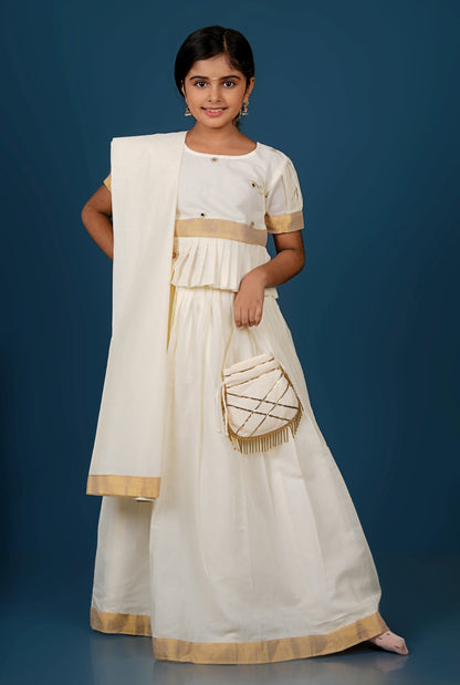 Glimmering Cream Peplum Top with Golden-Bordered Lehenga Set