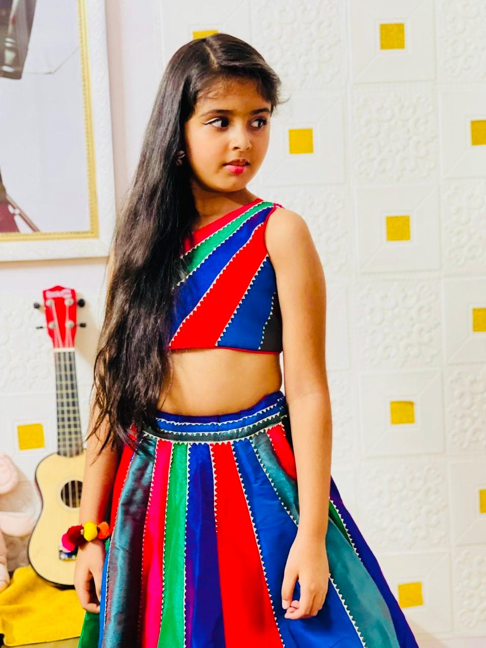 Multicoloured Colour Blocked Top With Lehenga And Dupatta