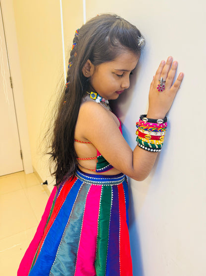 Multicoloured Colour Blocked Top With Lehenga And Dupatta