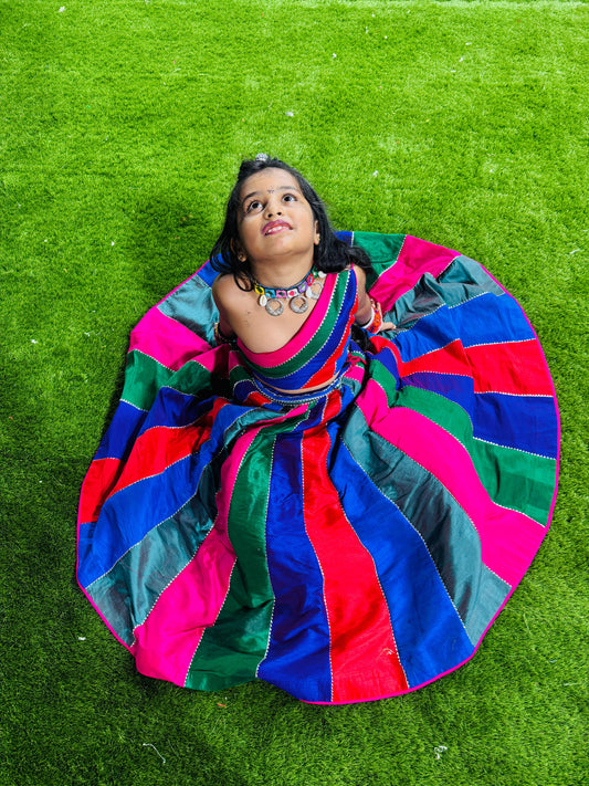 Multicoloured Colour Blocked Top With Lehenga And Dupatta