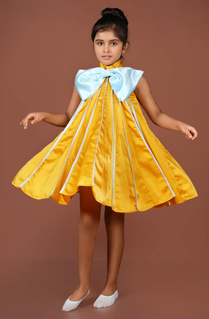 Bold Vibrant Mustard Meets Ice Blue in This Chic Pleated Dress